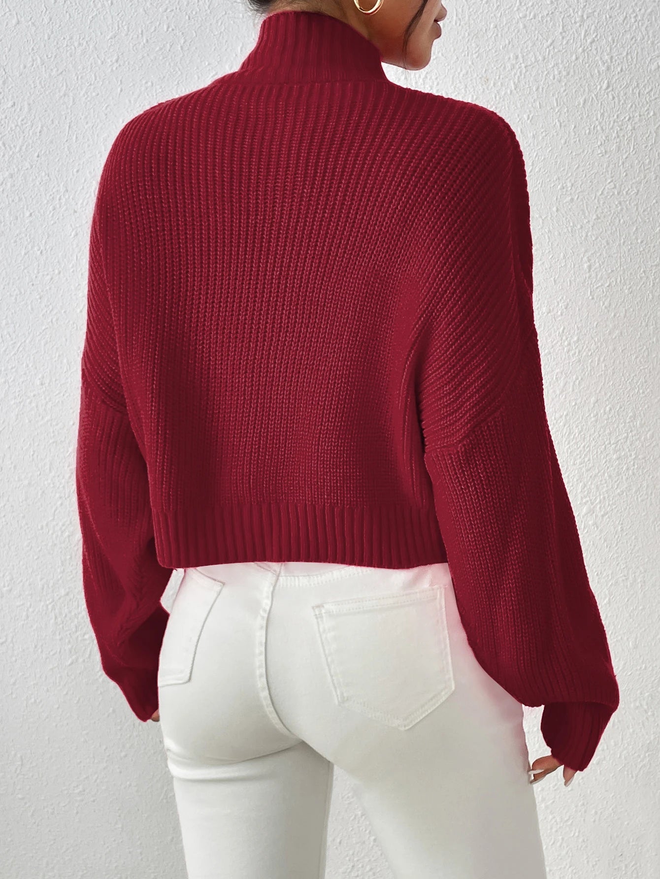 Ribbed Knitted Mock Long Solid High Drop Shoulder Sweater