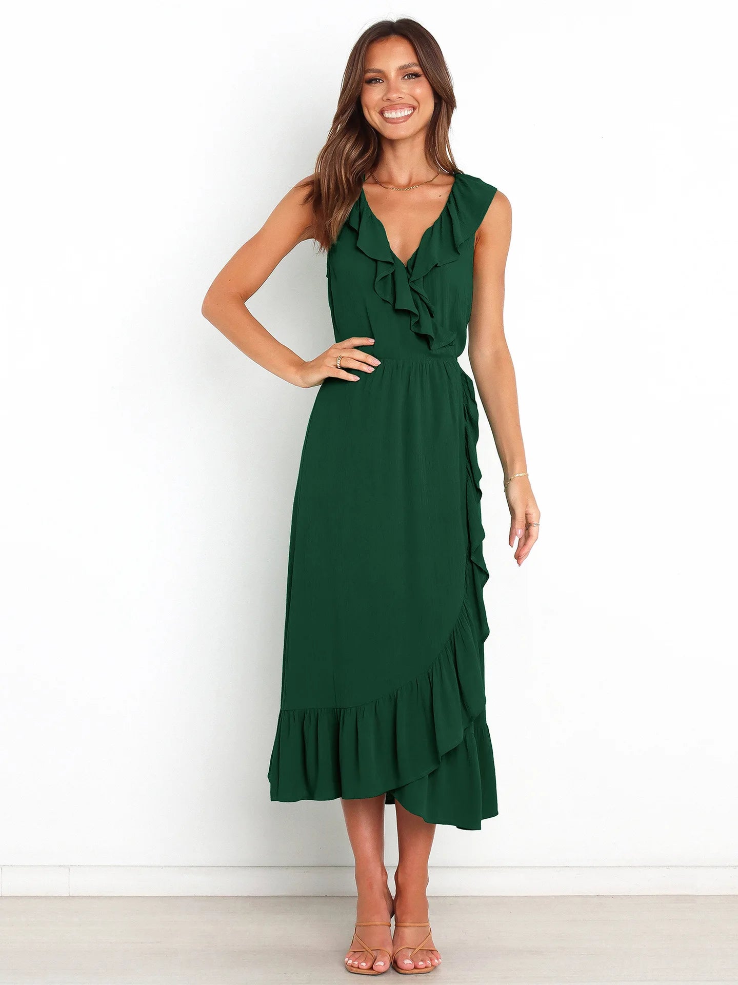 Ruffled Sleeveless V-neck Ruffled High-grade Elegant Traf Midi Dresses