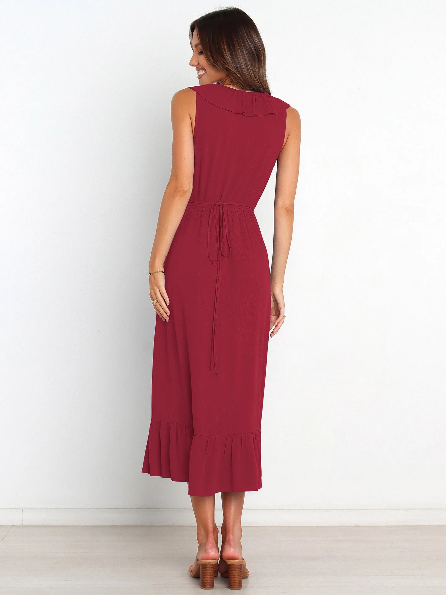 Ruffled Sleeveless V-neck Ruffled High-grade Elegant Traf Midi Dresses