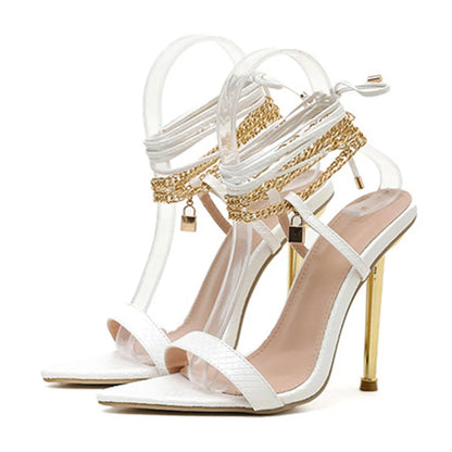 Women's High Heel Chain Ankle Strap Gold White Pointed Toe High Heel