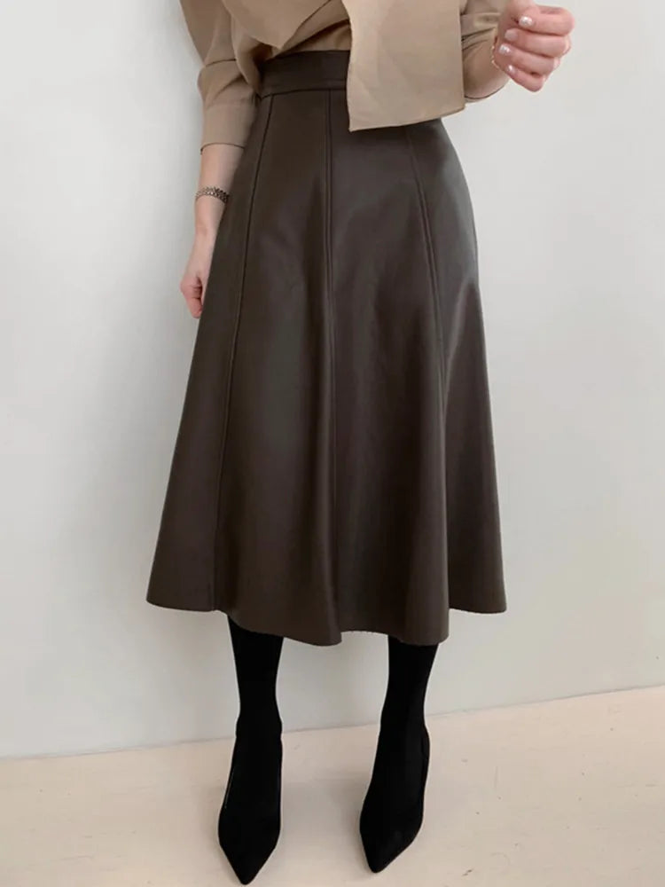 Sheepskin High Waist Big Swing Genuine Leather Temperament Long Skirt