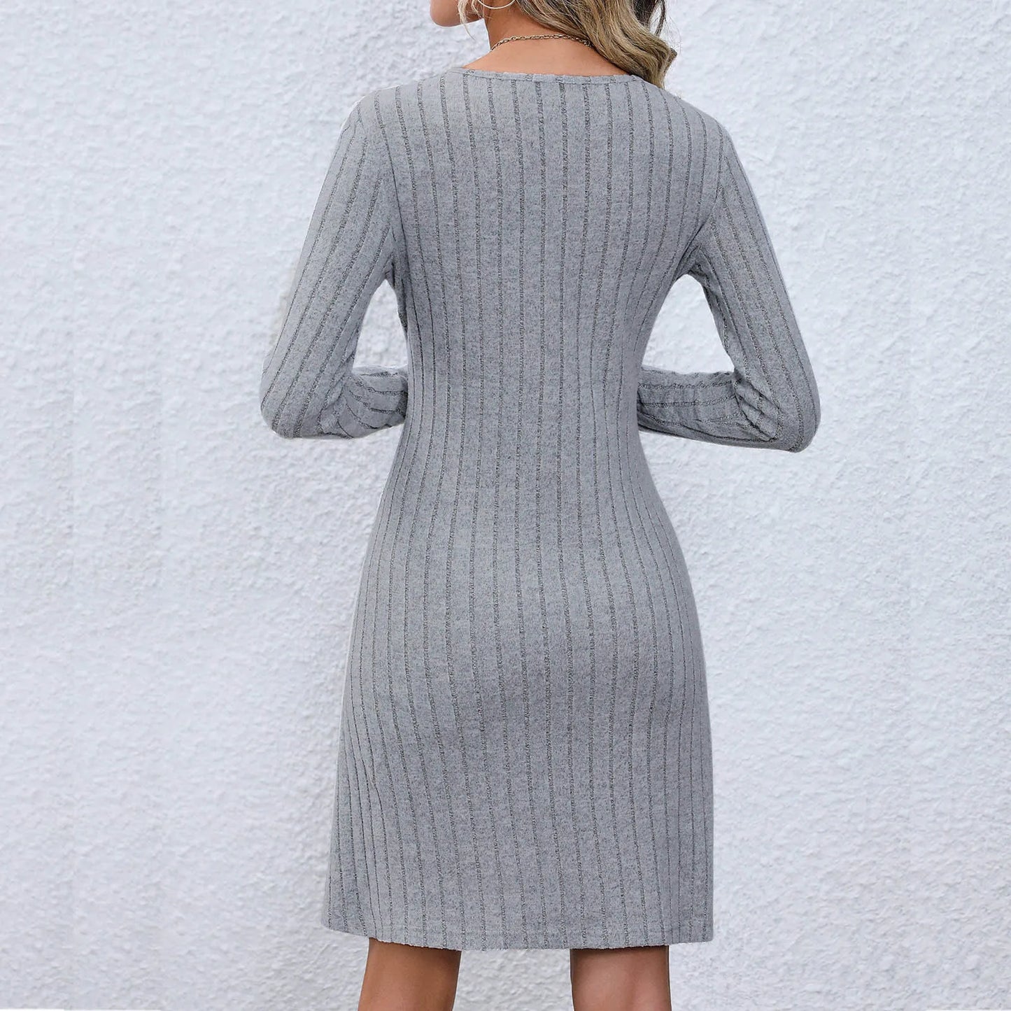 DressBetty - Chic V-Neck Buttoned Waist Long Sleeve Solid Color Midi Dress