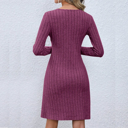 DressBetty - Chic V-Neck Buttoned Waist Long Sleeve Solid Color Midi Dress