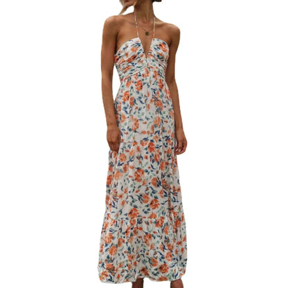 Women's Chiffon Halter V Neck Floral Flowy A Line Boho Backless Tiered Midi Dresses