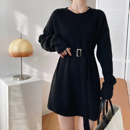 Autumn Winter Loose Lace Waist Oversized Soft Knitted Sweater