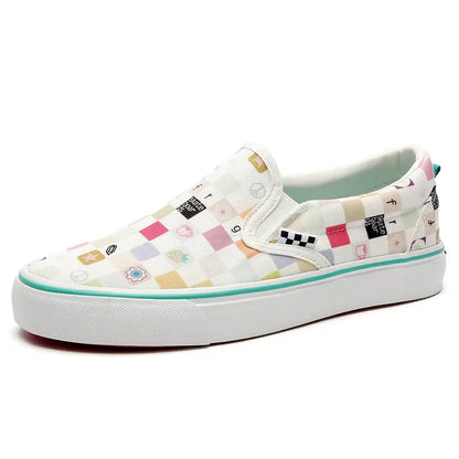 Womens Canvas Multicolor Checkerboard Design Slip-On Flats Summer Fashion Skateboard