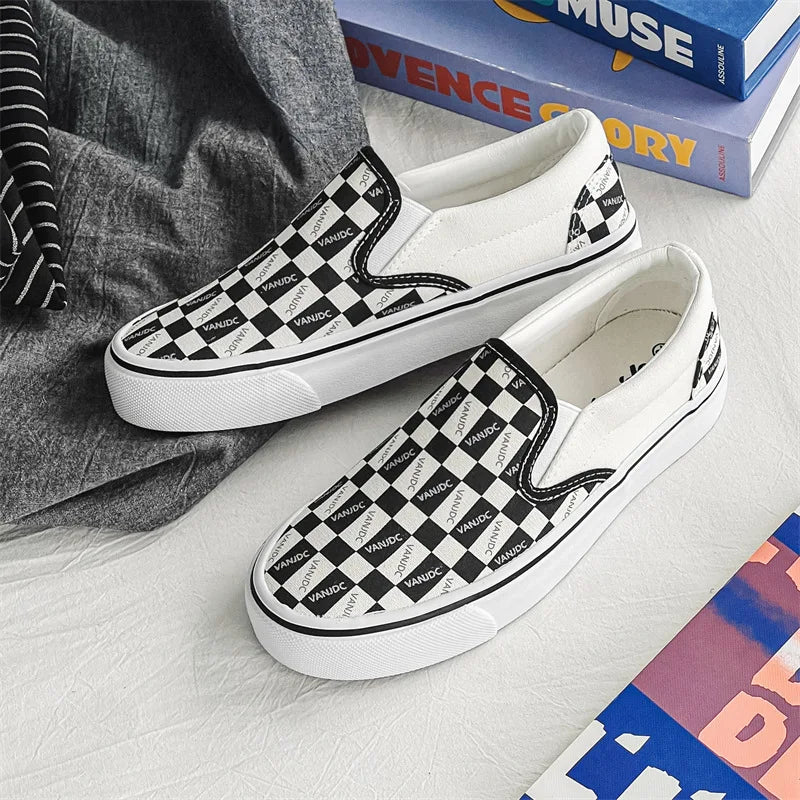 Womens Canvas Multicolor Checkerboard Design Slip-On Flats Summer Fashion Skateboard