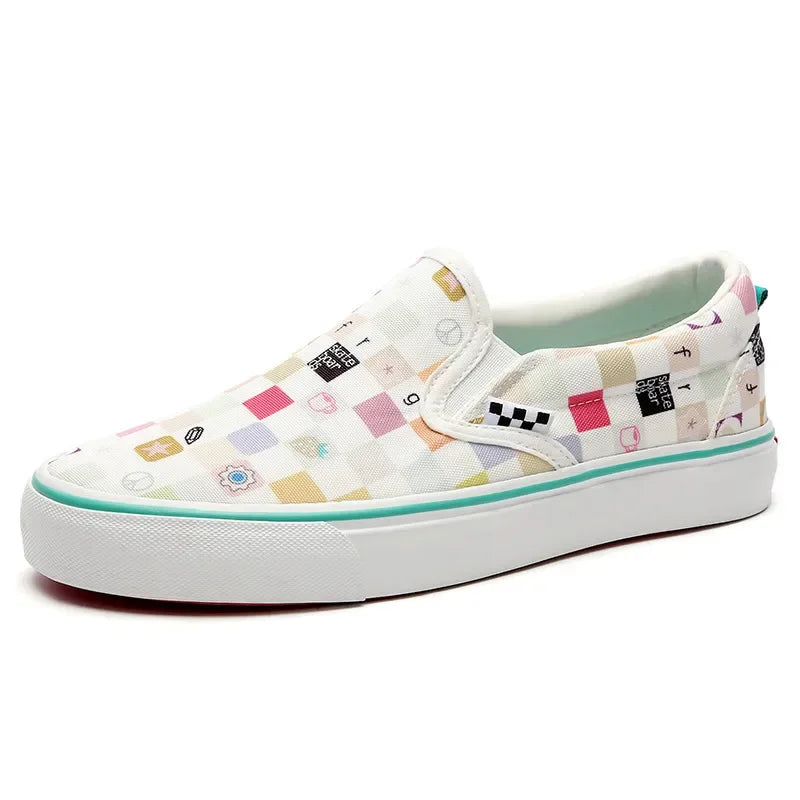 Womens Canvas Shoes Multicolor Checkerboard Design Men Slip-On Footwear Girls Flats Couple Summer Fashion Sneakers Size 35-44