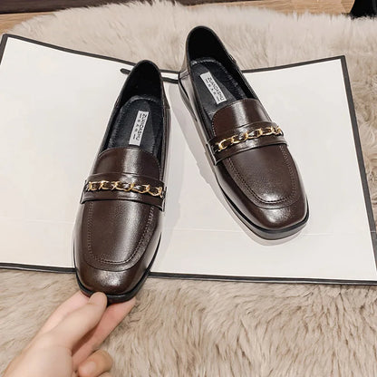 Black Fur Square Toe All-Match Leather Fall Casual Derby Oxfords Loafers