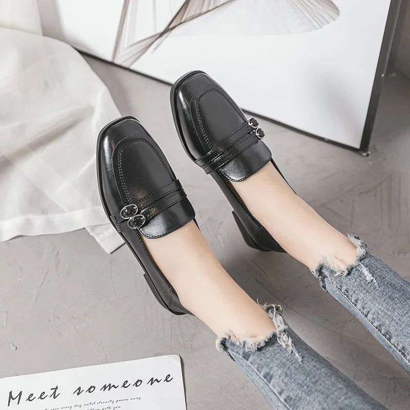 Black Fur Square Toe All-Match Leather Fall Casual Derby Oxfords Loafers