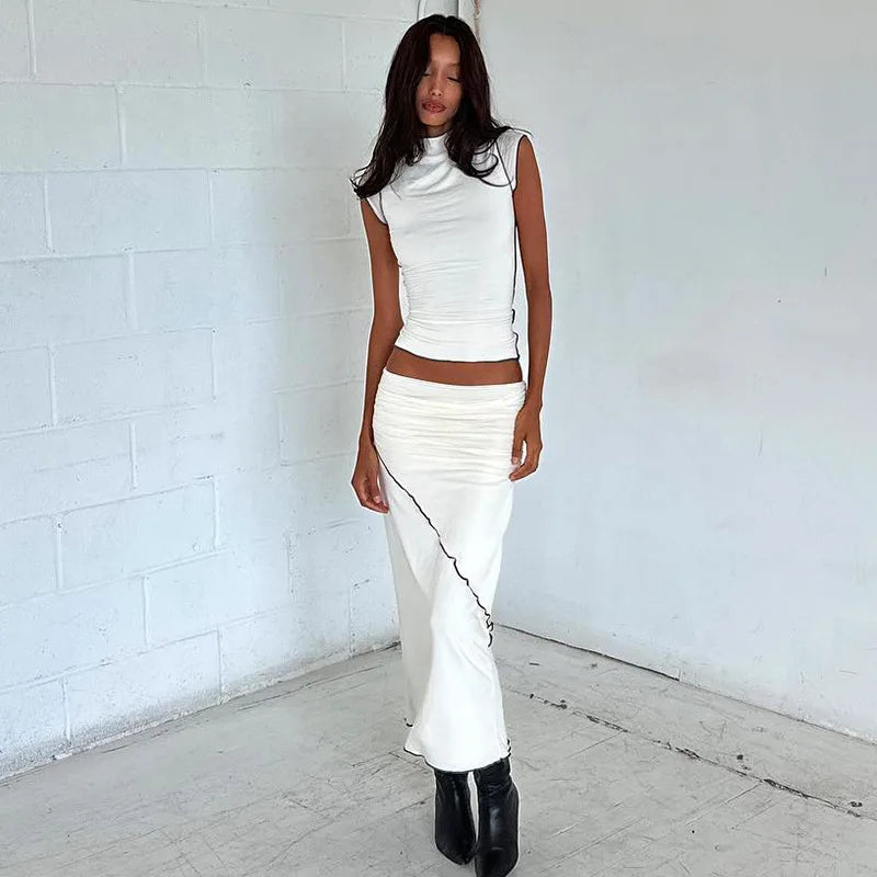 Y2K Slim Turtleneck Short Sleeve Maxi Bodycon Vest Skirt