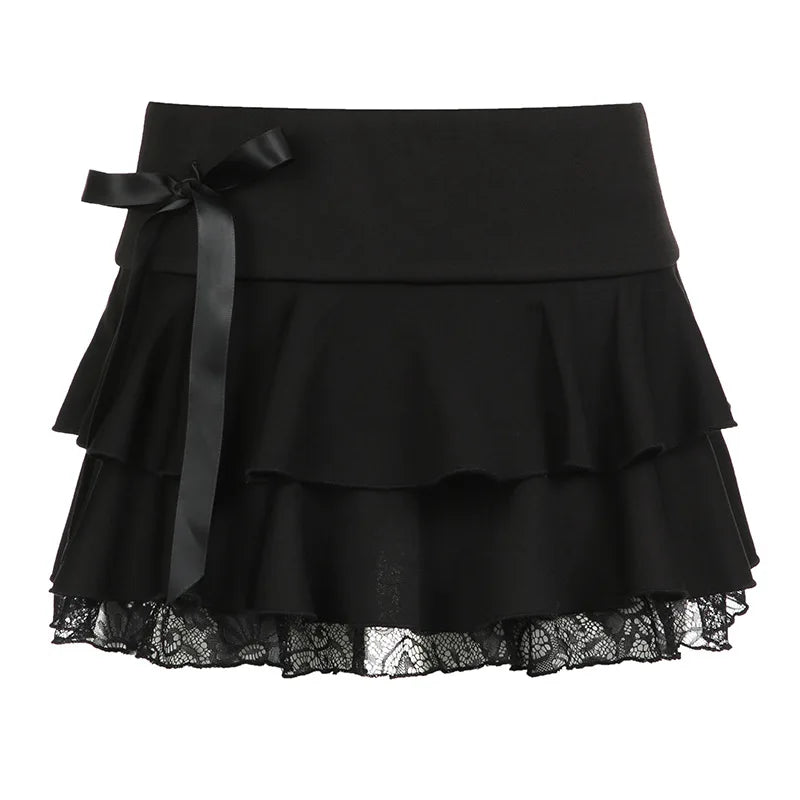 Y2k Bow Lace Trim A-line Party Mini Mall Gothic Ruffles Low Waist Black Women Lolita Fashion Skirt