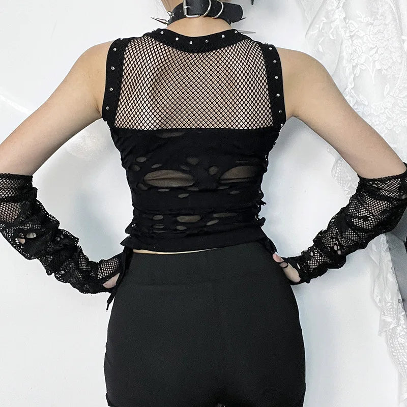 Gothic Trendy Sexy Fishnet Backless Steampunk Rave Party Crop Top