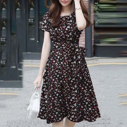 Elegant Short Floral Summer O Neck Holiday Casual Knee Length Robe Femme Midi Dresses