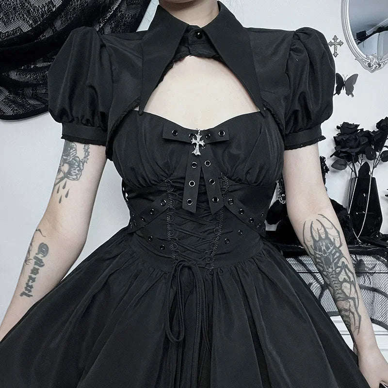 Dark Gothic Spaghetti Strap Elegant Grunge Ruched Bandage Punk Steampunk Dress