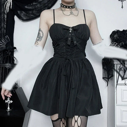 Dark Gothic Spaghetti Strap Elegant Grunge Ruched Bandage Punk Steampunk Dress