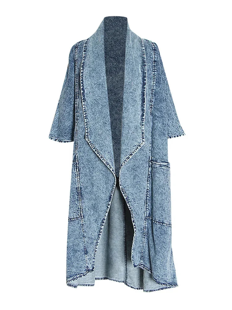 Blue Solid Patchwork Casual Long Solid Minimalist Loose Fashion Coat