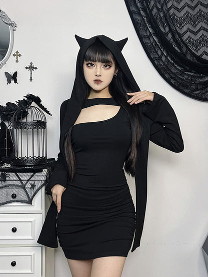 Wasteland Kitten Hollow Out Long Sleeve Folds Bodycon Dress