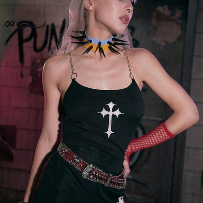 Mysterious Sexy Chain Black Cross Print Black Crop Top