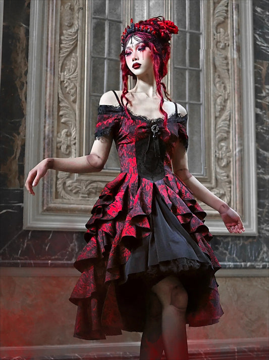 Japanese Gothic Style Red Black Halloween Off-Shoulder Court Wave Autumn Dark High-Waist Lolita Party Dress