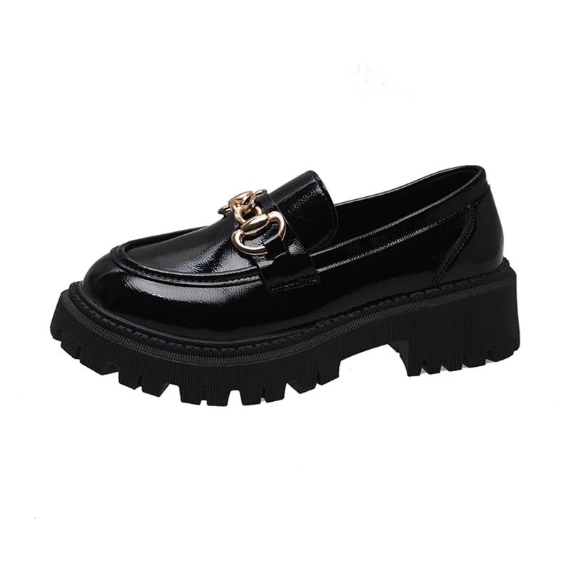 Black Patent Leather Platform Fashion Tassel British Middle Heels Flats Loafers