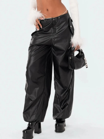 Black PU Leather Cargo Baggy Low Waist Drawstring Button Long Streetwear Pants