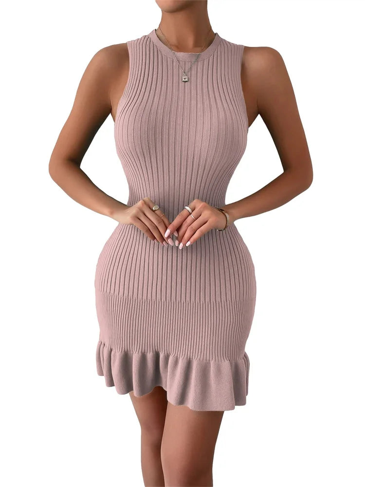 Ribbed Ruffles Hem Sleeveless Tank Mini Dresses