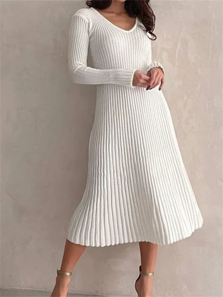 Knitted Ribbed Long Sleeve Slim Fit Solid Autumn Mid Midi Dress