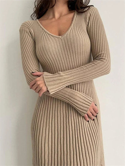 Knitted Ribbed Long Sleeve Slim Fit Solid Autumn Mid Midi Dress