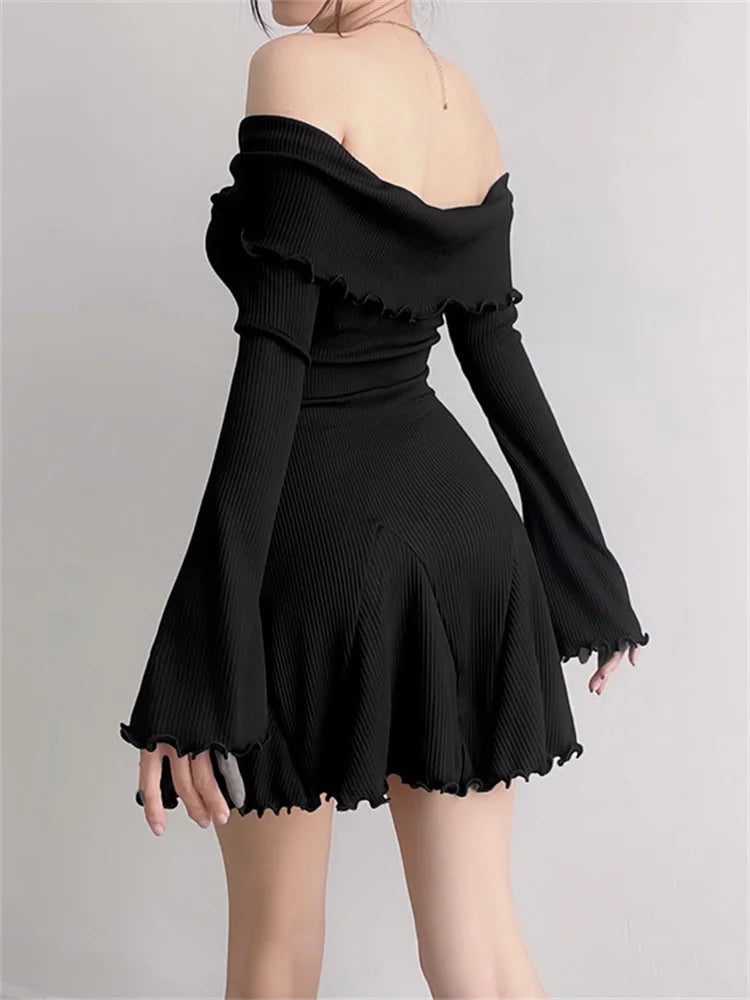 Long Flare Sleeve Ribbed Slash Neck Mini Dresses