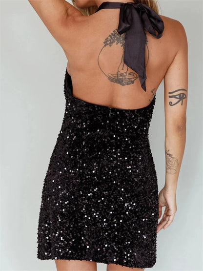 Glitter Halter Party Sexy Sequined Tie-Up Mini Dresses