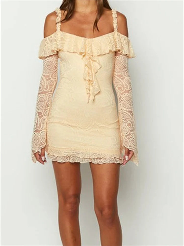 Romantic Lace Off-Shoulder Ruffled Mini Dresses