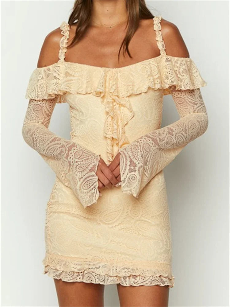 Romantic Lace Off-Shoulder Ruffled Mini Dresses