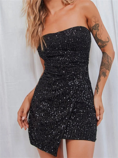 Sequined Strapless Tube Irregular Hem Mini Dresses