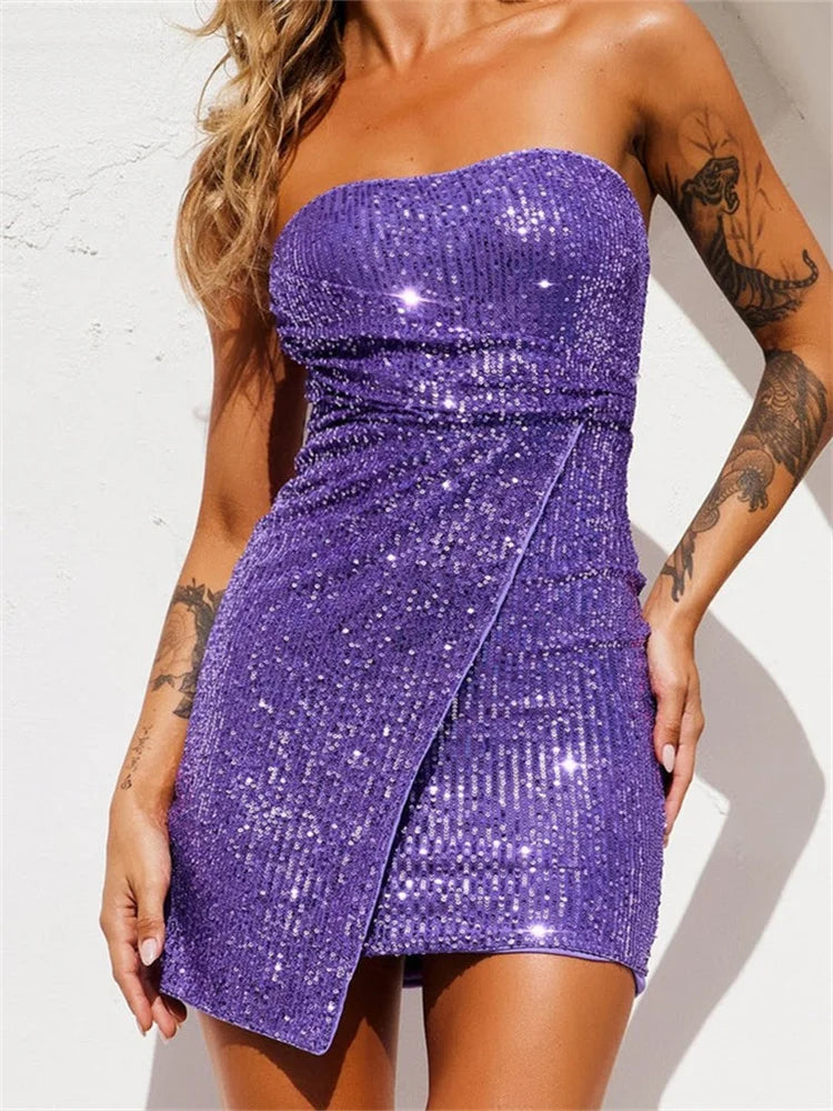 Sequined Strapless Tube Irregular Hem Mini Dresses