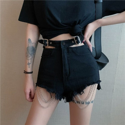 DressBetty - Vintage Gothic Black Hole Chain Denim Short Harajuku Female Sexy Shorts