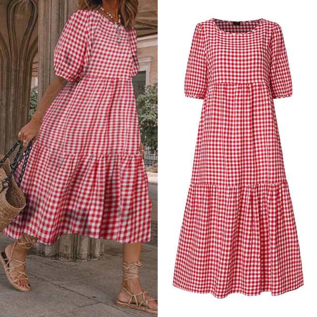 DressBetty - Women Short Sleeve  Vintage Plaid Printed Sundress